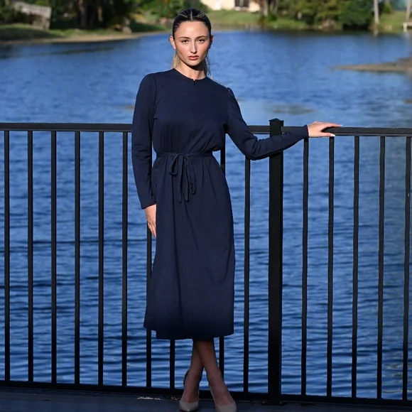azeeza blue dress Modest Light Blue Long Sleeves A-Line Satin Long Formal Prom Dress, DP –  DSProm main image 0